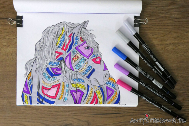 Obrazek z kolorowanki Amazing World Of Horses wykonany pisakami Art & Graphic Twin oraz kredkami Koh-I-Noor Tricolor