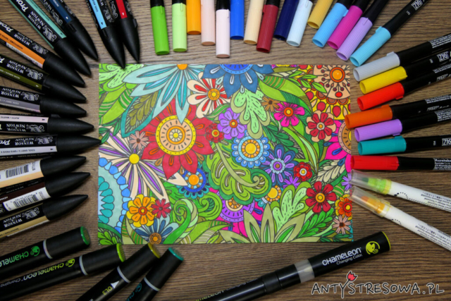 Kolorowanka wykonana  pisakami Clean Color Dot, Art and Graphic Twin, Promarkerami i markerami Chameleon